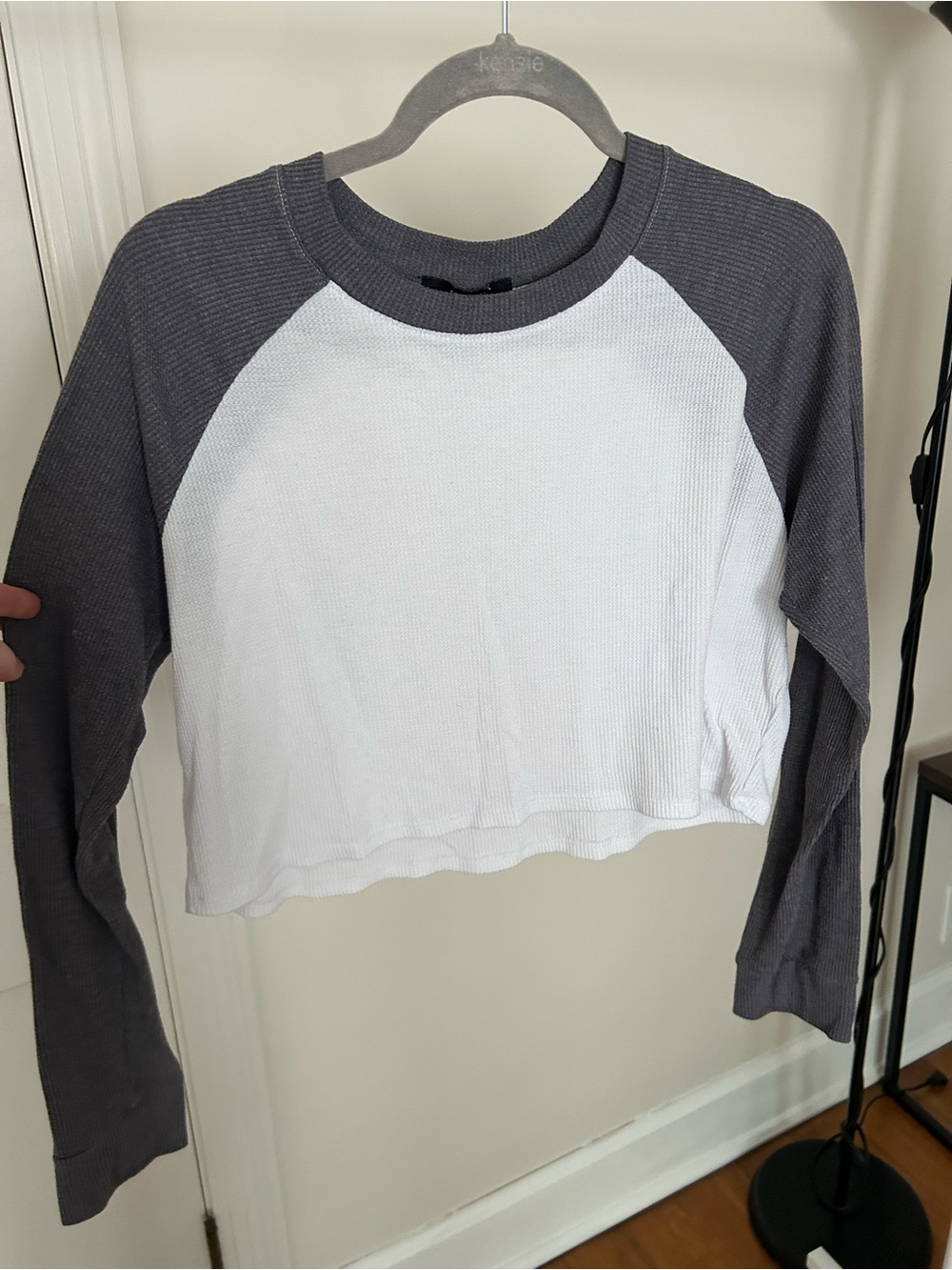 White and Charcoal Cropped Raglan Long-Sleeve Top